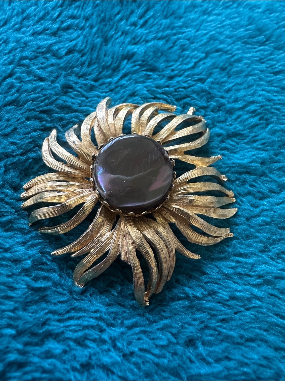 Gold Floral Sunflower Statement Brooch with Cabuchon Center